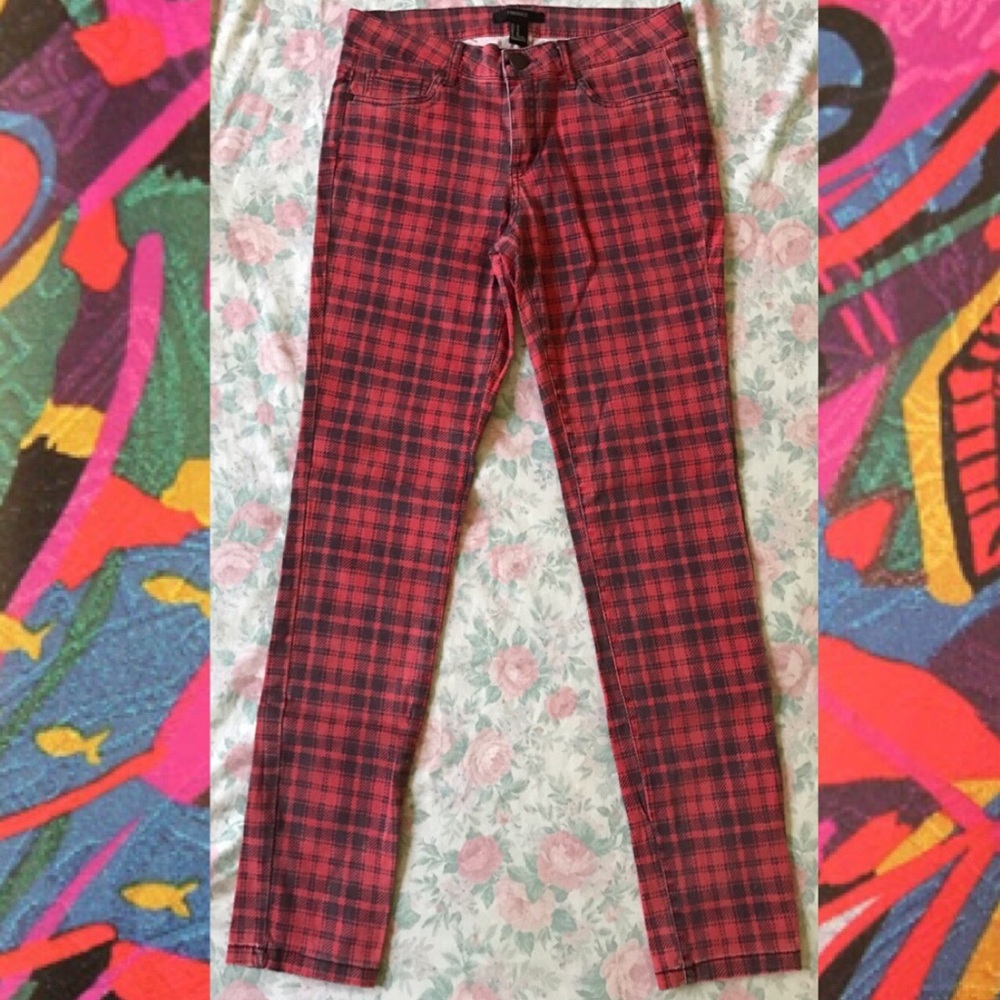 NWOT Forever 21 red plaid denim skinny jeans sz 27